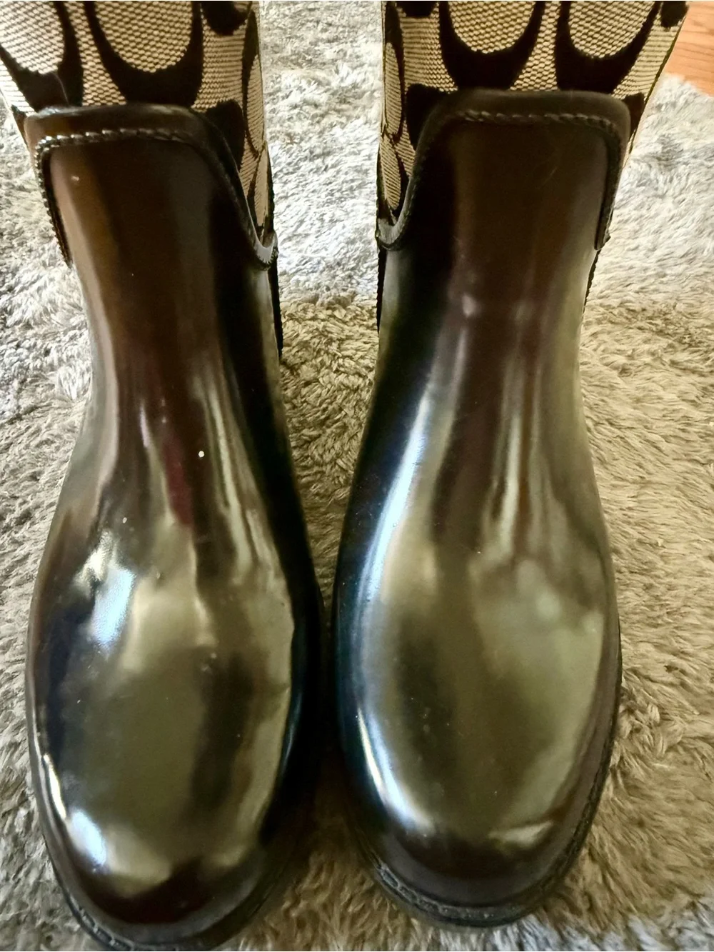 Coach Black and Cream Signature Lace-Up Tall Rain Boots